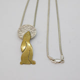 Sterling Silver & Brass Hare Looking at the Moon Pendant Necklace Vintage