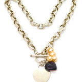 Sterling Silver Heart T-Bar With Heart & Pearl Beads Necklace Vintage c2000