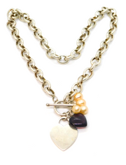 Sterling Silver Heart T-Bar With Heart & Pearl Beads Necklace Vintage c2000