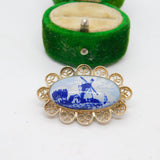 Sterling Silver Mounted Delft Ceramic Windmill Brooch Vintage c1960