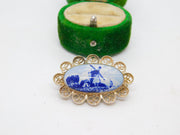 Sterling Silver Mounted Delft Ceramic Windmill Brooch Vintage c1960