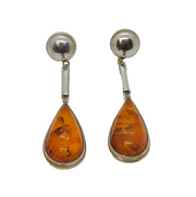 Pair of Sterling Silver Chunky Baltic Amber Long Drop Earrings Vintage c1980