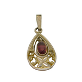 Sterling Silver Oval Cut Garnet Patterned Peardrop Charm Pendant Vintage c1970s