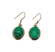 Pair of Sterling Silver Oval Cabochon Malachite Hook Drop Earrings Vintage c1970