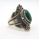 Taxco Style Sterling Silver & Malachite Secret Compartment Poison Ring Vintage