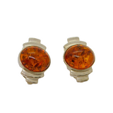 Pair of Sterling Silver Deco Style Baltic Amber Clip-On Earrings Vintage c1970