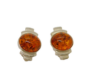 Pair of Sterling Silver Deco Style Baltic Amber Clip-On Earrings Vintage c1970