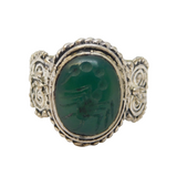 20th Century Ancient Style White Metal Green Agate Scorpion Signet Ring Antique