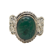 20th Century Ancient Style White Metal Green Agate Scorpion Signet Ring Antique