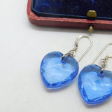 Pair Of Sterling Silver & Faceted Blue Resin Heart Earrings Vintage c1990