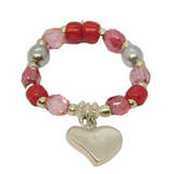 Sterling Silver Pink Beaded Stretch Heart Charm Ring Contemporary c2010 Size M-O