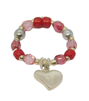 Sterling Silver Pink Beaded Stretch Heart Charm Ring Contemporary c2010 Size M-O