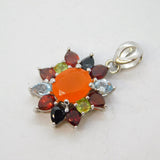 Sterling Silver, Garnet, Topaz, Peridot, Agate Floral Pendant Vintage c1990s
