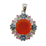 Sterling Silver, Agate, Sapphire & Ruby Floral Pendant Vintage c1990s