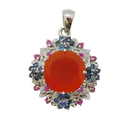 Sterling Silver, Agate, Sapphire & Ruby Floral Pendant Vintage c1990s