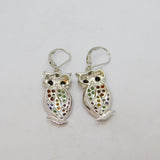 Pair of Sterling Silver Multi-Colour Gemstone Owl Drop Earrings Vintage c1990