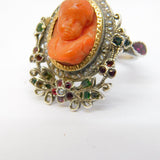 Austro-Hungarian Silver & Gold, Coral Cherub, Emerald & Ruby Ring Antique