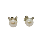 Pair of Sterling Silver Pearl Set Novelty Cat Ears Stud Earrings Vintage c1970