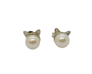 Pair of Sterling Silver Pearl Set Novelty Cat Ears Stud Earrings Vintage c1970