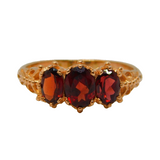 9ct Yellow Gold & Bohemian Garnet Three-Stone Dress Ring Vintage c1970s