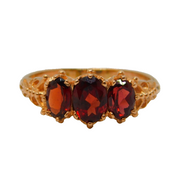 9ct Yellow Gold & Bohemian Garnet Three-Stone Dress Ring Vintage c1970s