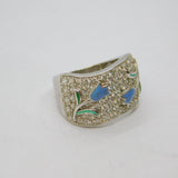 Sterling Silver Enamel Flowers & CZ Chunky Band Ring Vintage 2000 Size U 1/2