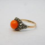 Art Deco 9ct Gold & Silver Set, Coral & Marcasite Dress Ring Antique c1920s