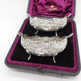 Scottish Victorian Boxed Pair of Sterling Silver Floral Bowls Antique Glasgow