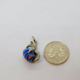 Sterling Silver Claw  & Blue Patterned Glass Bead Charm Pendant Vintage c1970