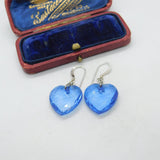 Pair Of Sterling Silver & Faceted Blue Resin Heart Earrings Vintage c1990