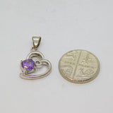 Sterling Silver Purple Crystal Offset Heart Charm Pendant Modern c1990s