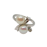 Sterling Silver Double Button Pearl & White Topaz Ring Vintage c1970 Size P