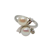 Sterling Silver Double Button Pearl & White Topaz Ring Vintage c1970 Size P