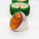 Sterling Silver & Large Cabochon Baltic Amber Statement Ring Vintage c1990