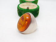 Sterling Silver & Large Cabochon Baltic Amber Statement Ring Vintage c1990