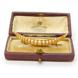Victorian Boxed 18ct Gold Graduating Seed Pearl Crescent Brooch Antique c1880s