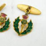 Pair of Gilt Metal & Enamel Scottish Thistle Cufflinks Antique c1920s