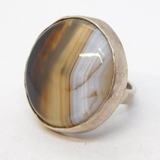 Sterling Silver Mounted Large Banded Agate Statement Ring Antique