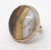 Sterling Silver Mounted Large Banded Agate Statement Ring Antique