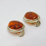 Pair of Sterling Silver Baltic Amber Oval Clip-On Earrings Vintage c1970