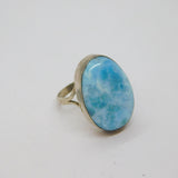 Sterling Silver Oval Natural Larimar Statement Studio Ring Vintage c1970 Size R