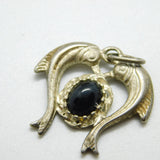 Sterling Silver and Onyx Twin Dolphins Charm Pendant Vintage c1970