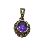 Sterling Silver Amethyst & Marcasite Art Deco Oval Drop Pendant Antique c1930s