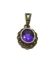 Sterling Silver Amethyst & Marcasite Art Deco Oval Drop Pendant Antique c1930s