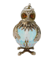 Sterling Silver Large Glass Set Owl Charm Pendant Vintage c1970