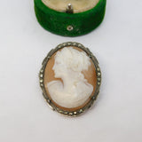 .800 Silver, Marcasite & Carved Shell Female Cameo Brooch Pin Antique c1930