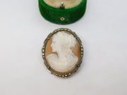 .800 Silver, Marcasite & Carved Shell Female Cameo Brooch Pin Antique c1930