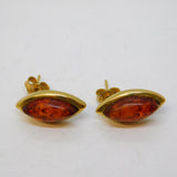 9ct Yellow Gold Mounted Baltic Amber Set Stud Earrings Vintage c1970s