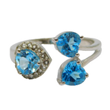 Sterling Silver 3 Heart Blue Topaz With Spinel Ring Vintage c1970 Size O 1/2