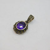 Sterling Silver Amethyst & Marcasite Art Deco Oval Drop Pendant Antique c1930s